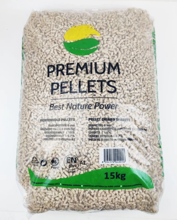 PREMIUM PELLETS Dřevěné smrkové pelety EN plus A1/ 1050Kg / 70Ks x 15 kg